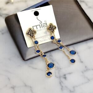 New Mia Collection Blue/Black Dangling Gold Colored Earrings